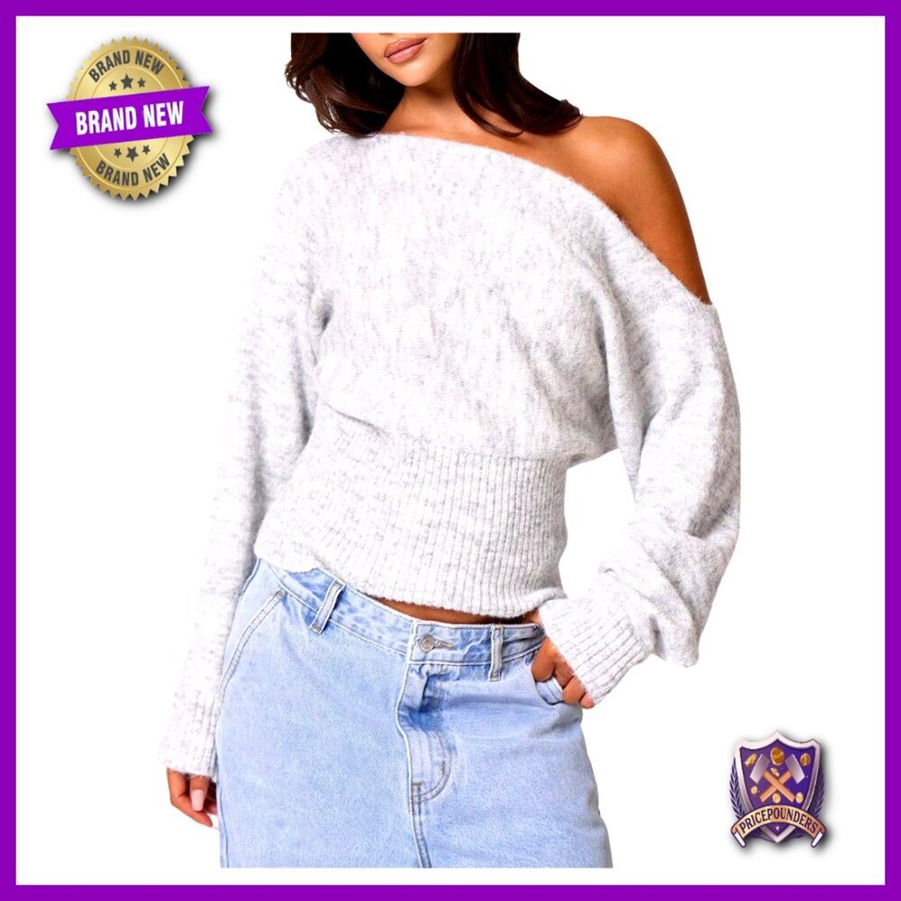 Off Shoulder Pullover Sweater Long Sleeve Cinched Waist Knit Top